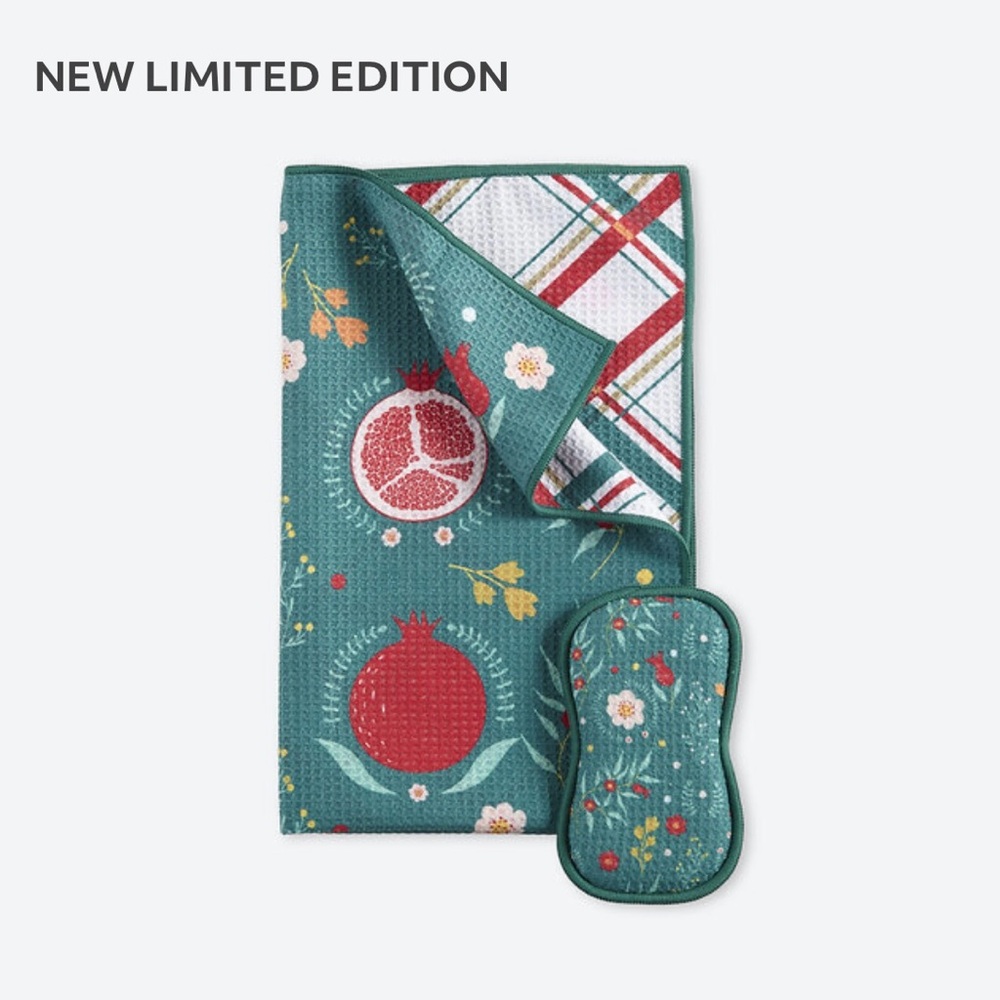 Reversible Tea Towel and Dual Sided Sponge - Festive